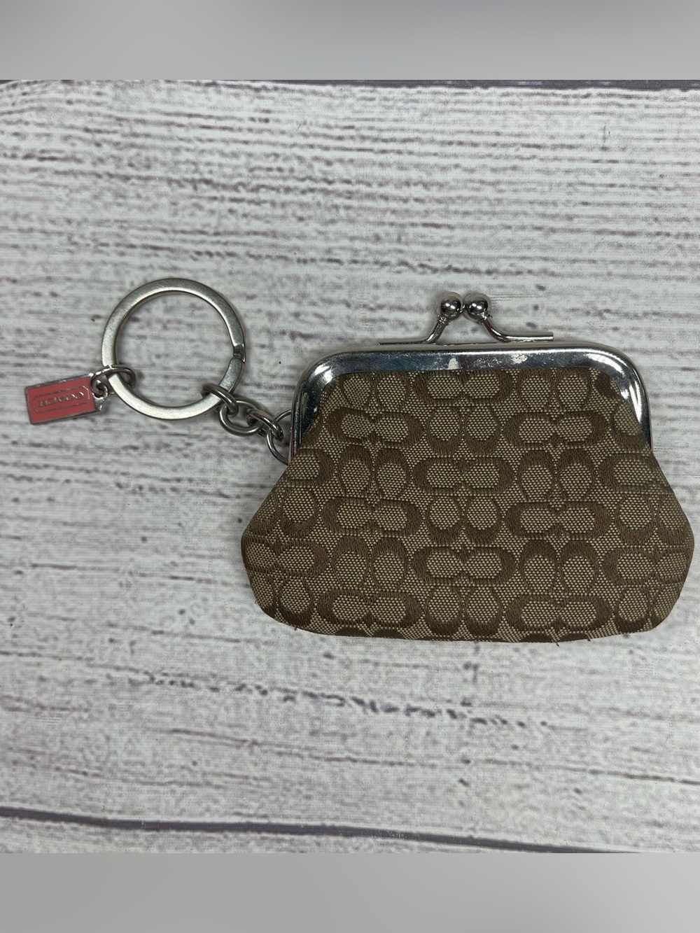 Coach Coin Purse Keychain Kisslock Signature Canvas Brown Mini Pouch